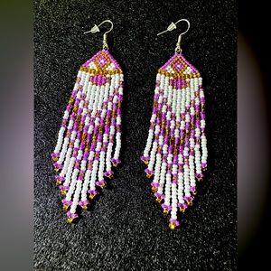Purple and white beaded fringe earrings
